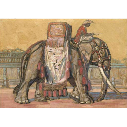 Éléphant marchant avec howdah, vers 1925.